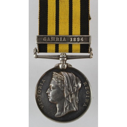 834 - East and West Africa Medal 1892 with Gambia 1894 clasp, engraved (Pte R Downs, HMS Raleigh). With co... 