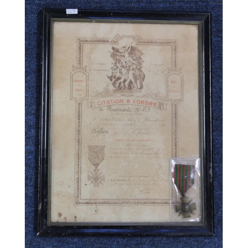 849 - French WW1 Croix de Guerre with framed award scroll.