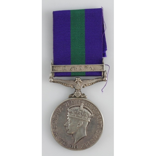 858 - GSM GVI with Malaya clasp (822389 Gnr W Wood RA). Served with 26th Regt RA. With copy research