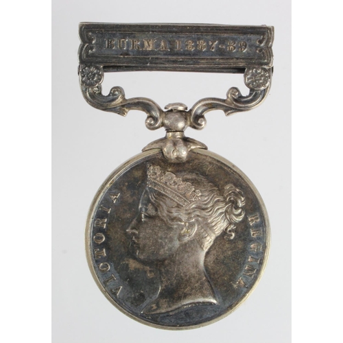 866 - IGS 1854 with Burma 1887-89 clasp (1723 Pte J Moore 2d Bn Norfolk Regt). Confirmed to roll