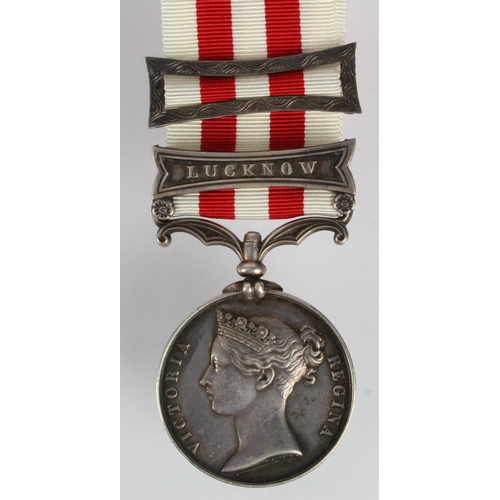 877 - Indian Mutiny Medal 1858 with Lucknow clasp, impressed (H. Mayer, 34th Regt). Cumberland. Enlisted 2... 