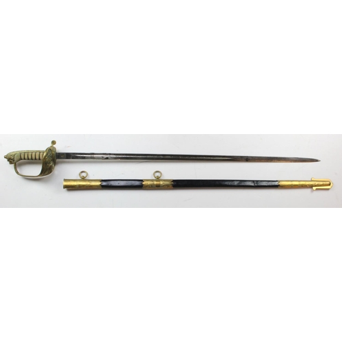 94 - Royal Naval Officers Dress Sword, with scabbard. Blade maker marked and etched EiiR. Traces of rust ... 