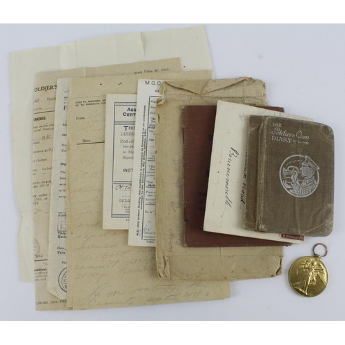 945 - Victory Medal named (240904 Pte H C Pardington E.Kent.R). With several original documents including ... 