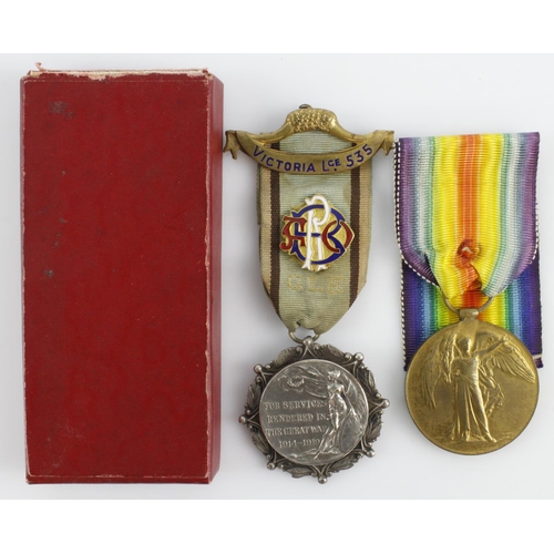 946 - Victory Medal named (28348 Pte A Fletcher North'D Fus) with a Buffalo Victoria Lodge Tribute Medal 1... 