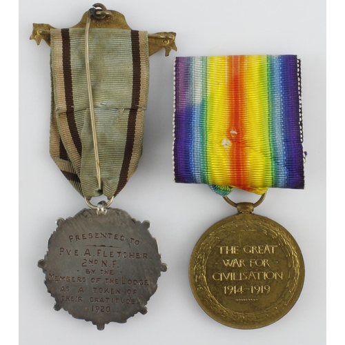 946 - Victory Medal named (28348 Pte A Fletcher North'D Fus) with a Buffalo Victoria Lodge Tribute Medal 1... 