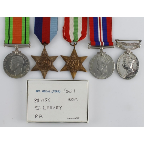 959 - WW2 group for 887156 Bdr S Leavey RA. 1939-45 Star, Italy Star, Defence & War Medal, GVI Efficiency ... 