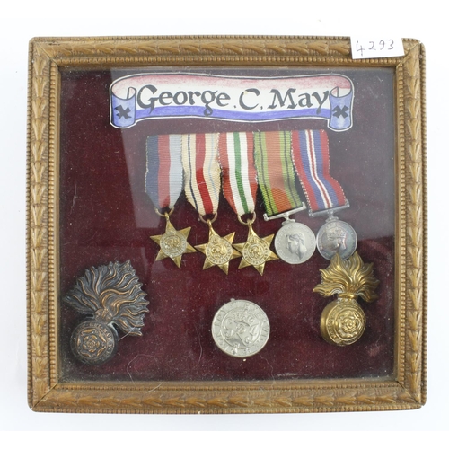 966 - WW2 officers miniature group in frame with badges to 2/Lieut George C May, Essex Regiment. He was sh... 