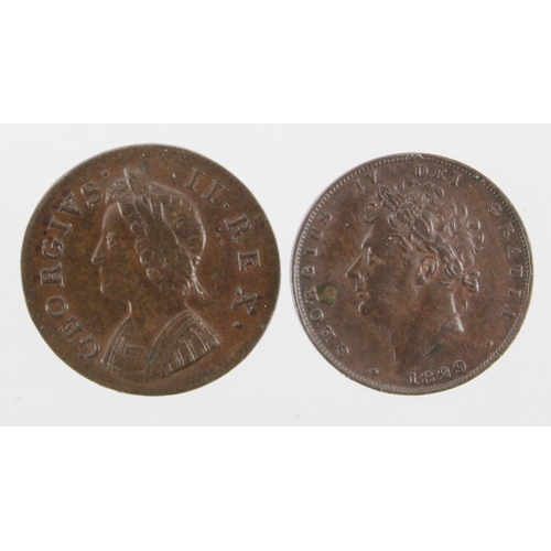 156 - Farthings (2): 1739 EF trace lustre, and 1829 VF