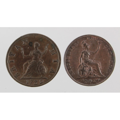 156 - Farthings (2): 1739 EF trace lustre, and 1829 VF