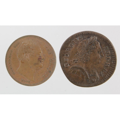 157 - Farthings (2): 1773 GVF, and 1836 nEF trace lustre, with old tickets.