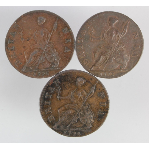 180 - Halfpennies (3) George III regal coinage: 1773, 1774 and 1775, VF