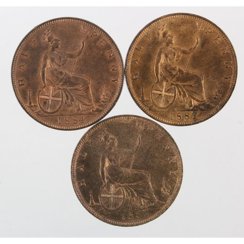 181 - Halfpennies (3) Victorian 'bun head' bronze: 1884 GEF with lustre, 1886 EF with lustre, and 1887 EF ... 