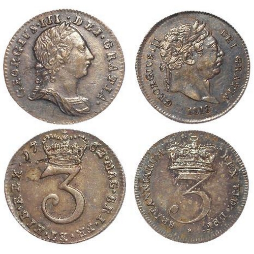 213 - Maundy Threepences (2) early milled: 1762 toned EF, and 1818 toned EF