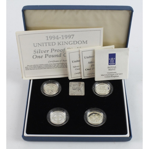 217 - One Pound Silver Proof Piedfort four coin set 1994 - 1997 aFDC/FDC boxed as issued