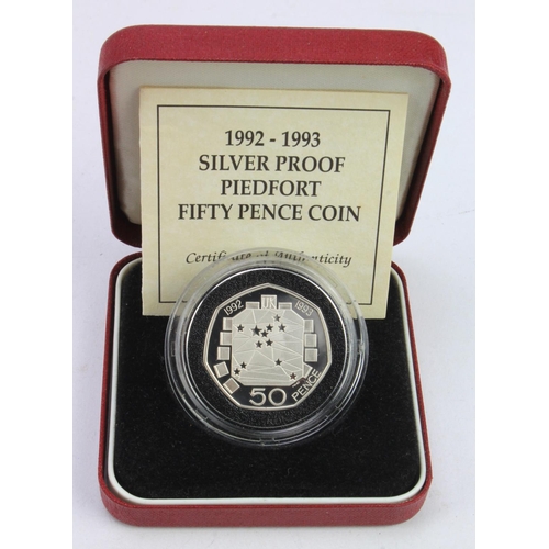 230 - Royal Mint: 1992-1993 (EU Presidency) Silver Proof Piedfort Fifty Pence Coin, FDC cased with cert.