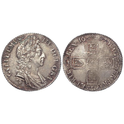 236 - Shilling 1697 third bust, S.3505, aEF, weak strike and adjustment marks.