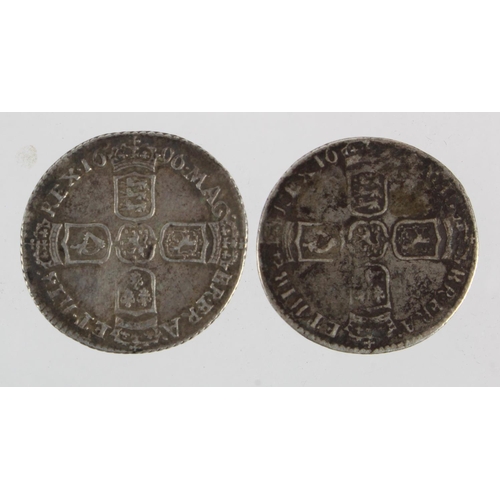 244 - Sixpences (2): 1696 S.3520, VF, and 16??E, poor/fair.