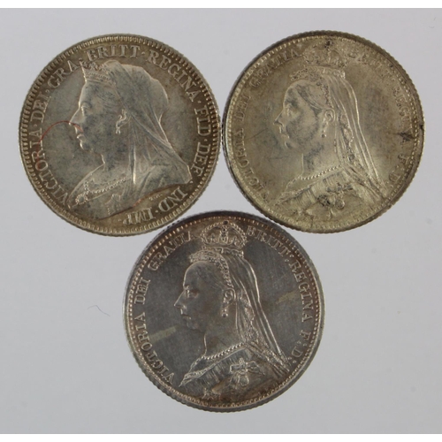 246 - Sixpences (3): 1888 EF, 1889 EF, and 1893 veiled head GEF