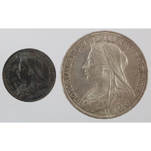 253 - Victorian veiled head silver (2): Crown 1898 LXII EF, edge knock, and Shilling 1900 toned GEF, surfa... 