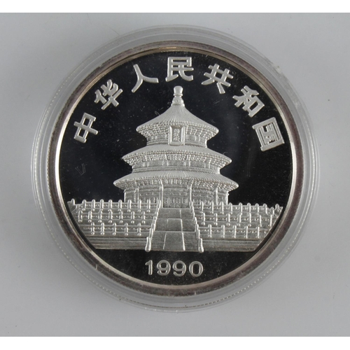 284 - China 1oz .999 pure silver Panda 10 Yuan 1990, near BY (a few light tone spots) in capsule