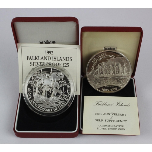 288 - Falkland Islands £25 (2) 1985 & 1992 silver proof. FDC boxed as issued