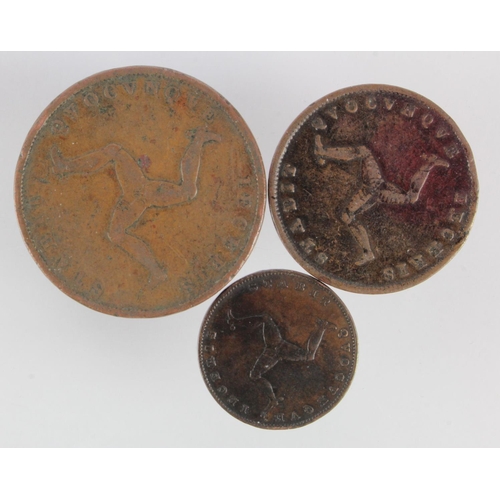 300 - Isle of Man, Victorian copper (3): Penny 1839 VG, Halfpenny 1839 GF, and Farthing 1839 nVF