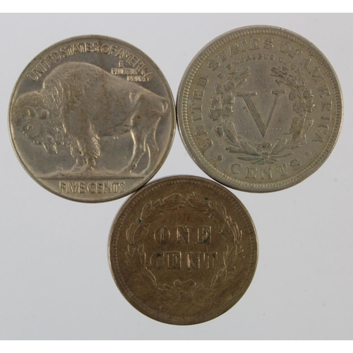 327 - USA (3): Indian Head Cent 1859 VF, Nickel 5-Cents 1891 VF, and Buffalo Nickel 1921 EF