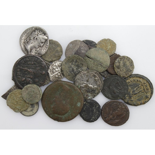 335 - Ancient & Hammered coins & fragments (24) mostly late Roman bronze minors but also a silver Denarius... 