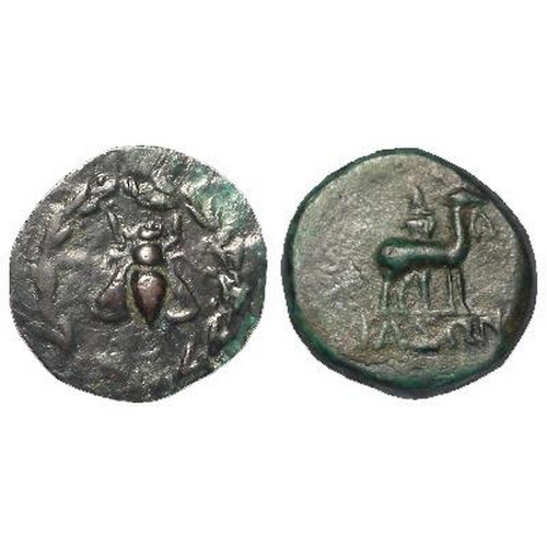 341 - Ancient Greek Ephesus AE15 of Magistrate Iason, 48-27BC, bee in laurel wreath / stag standing r., 2.... 