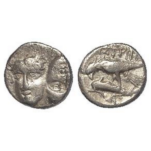 345 - Ancient Greek Istros silver Hemidrachm 400-350BC, two young male facing heads inverted / sea eagle c... 