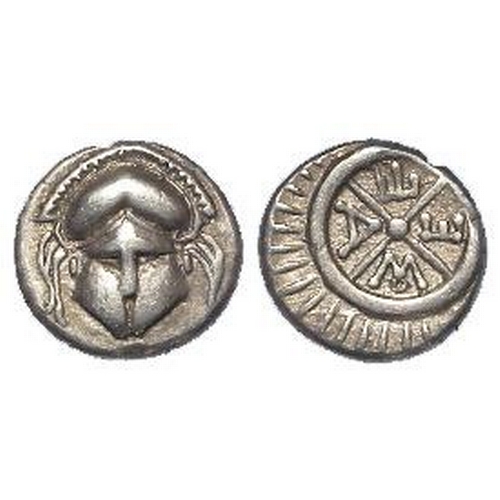 351 - Ancient Greek Mesembria silver Diobol 450-350BC, facing Corinthian helmet / META within four-spoked ... 