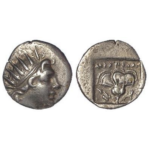 354 - Ancient Greek Rhodos silver Drachm, 2nd-1stC BC, radiate hd. of Helios r. / rose within incuse squar... 