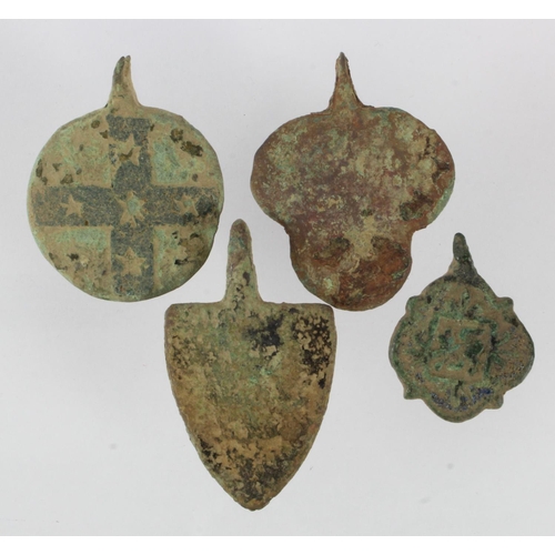 370 - Artefacts (4) medieval bronze heraldic horse pendants, trace enamel noted.