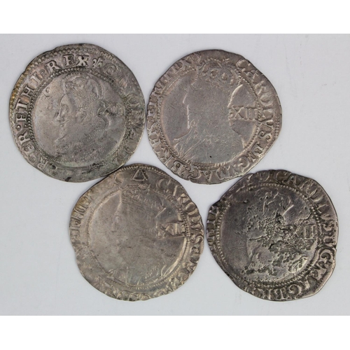 377 - Charles I hammered silver Shillings (4): Mm. lis S.2782 F/GF, mm. harp S.2789 nF, mm. triangle S.279... 