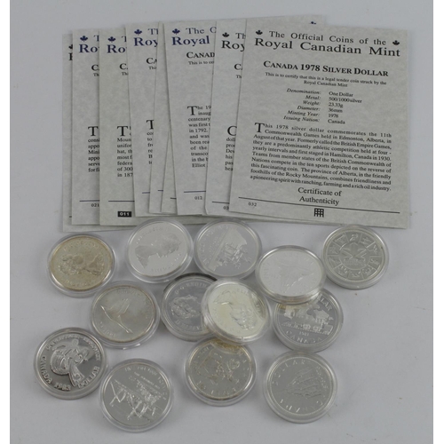 432 - Canada silver Dollars (13) All 50% silver. Unc / BU/Proof all different dates in hard plastic capsul... 