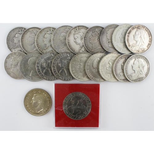 491 - GB Crowns (20 incl. 14 silver) 1819-1977, Fair to EF, noted 1937 proof GEF etc.