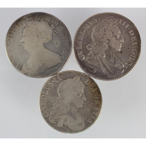 495 - GB Crowns (3) early milled: 1664 XVI, S.3355, Fair; 1695 Septimo, S.3470, F/GF ex-mount or surface f... 