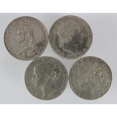 497 - GB Crowns (4): 1819 LIX VG, 1820 LX VF light scratches, 1845 cinquefoils Fine, edge knock, and 1887 ... 