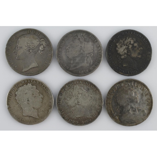 498 - GB Crowns (7) 1696, 1819, 1820 x2, 1821 & 1845. Fair - Fine