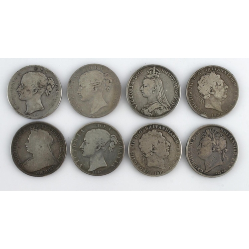 501 - GB Crowns (8) 1819, 1820, 1821, 1845 x2, 1847 (S3882), 1890 & 1897. VG - Fine