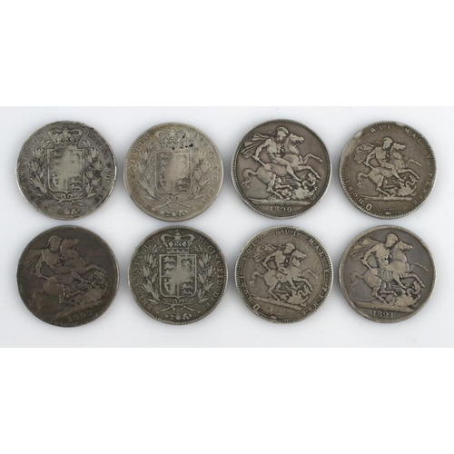 501 - GB Crowns (8) 1819, 1820, 1821, 1845 x2, 1847 (S3882), 1890 & 1897. VG - Fine