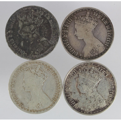 523 - GB Florins (3) Victorian Gothic: 1856 F, 1857 porous F/GF, and 1872 Fair, plus a base core forgery.