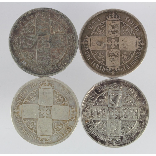 523 - GB Florins (3) Victorian Gothic: 1856 F, 1857 porous F/GF, and 1872 Fair, plus a base core forgery.