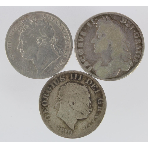 529 - GB Halfcrowns (3): James II (date illegible) Fair/poor, 1819 Fair, and 1820 GIV garnished shield, Fa... 