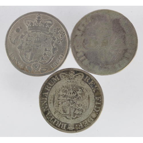 529 - GB Halfcrowns (3): James II (date illegible) Fair/poor, 1819 Fair, and 1820 GIV garnished shield, Fa... 