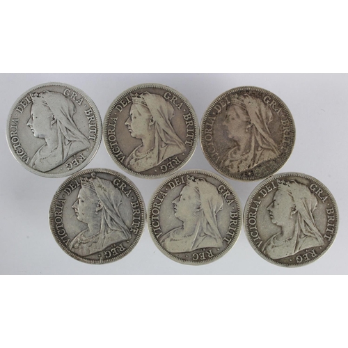 532 - GB Halfcrowns (6) Victorian veiled heads 1893-1900, VG to nVF (the 1893 nVF ex swivel-mount)