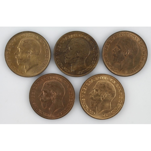 554 - GB Pennies (5) George V high grade: 1911 UNC, small spot rev., 1913 EF, 1919 UNC, 1921 AU, and 1927 ... 