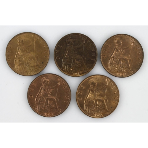 554 - GB Pennies (5) George V high grade: 1911 UNC, small spot rev., 1913 EF, 1919 UNC, 1921 AU, and 1927 ... 