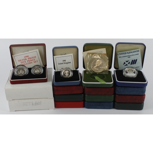 593 - GB Royal Mint cased silver proofs (14 plus a 2-coin set): Crowns: 2x 1972, 2x 1990, 2x 1993, 2x QM 2... 