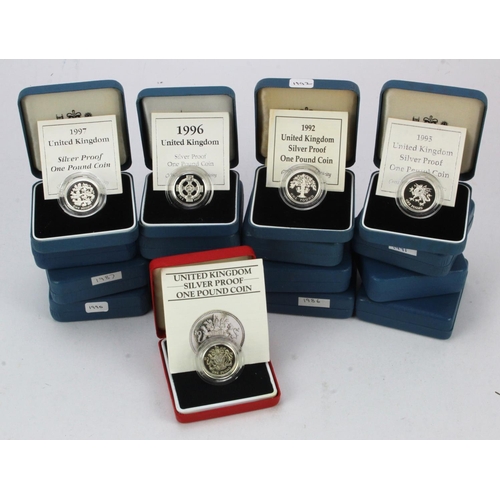 598 - GB Royal Mint silver proof £1 coins (17): 1983, 1984, 1986, 1987, 1990, 1991, 1992, 1994, 1995, 1996... 